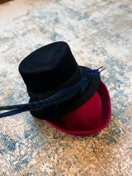 Adolfo Accessories - 2 Vintage Hats Black Felt Hat with Blue and Green Feathers & Pink Felt Hat